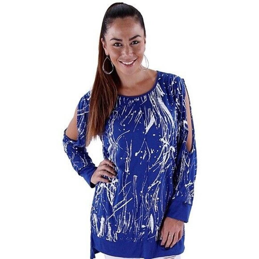 Diva D Blue Splatter Print Cut-Out Shoulder High Low Tunic Top Women's Size 4XL